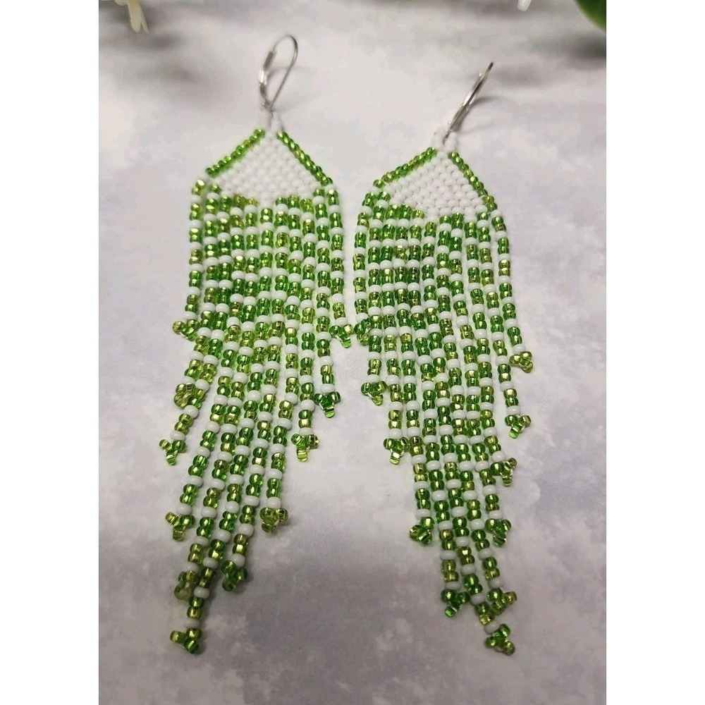 Handmade Native American Style Beaded Fringe Earrings - Green Color
